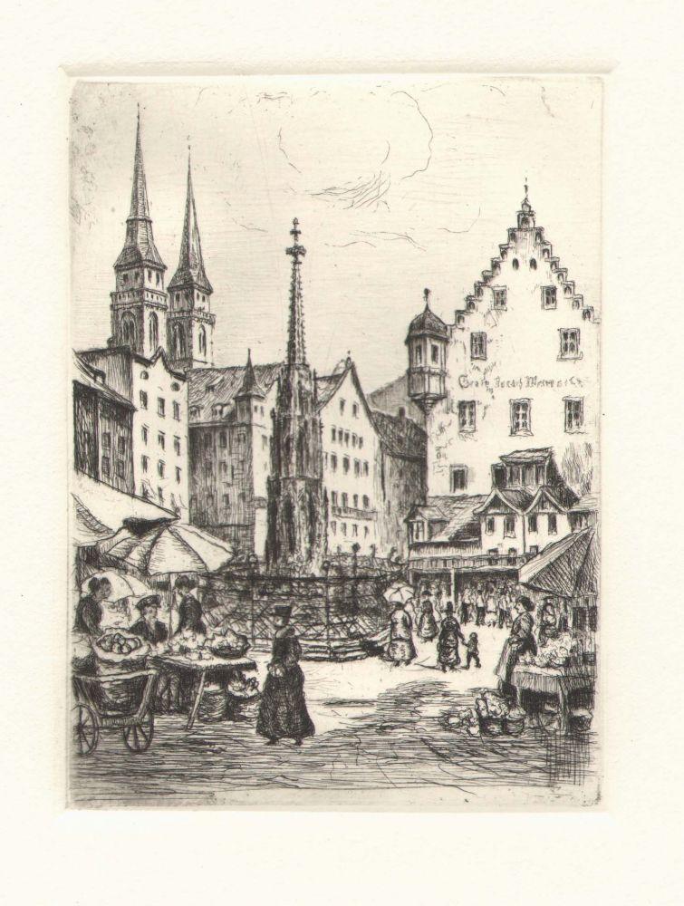Stadtansicht von Nürnberg mit Brunnen Kunstdruck Tiefdruck