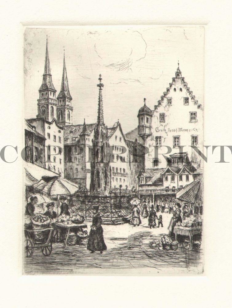 Stadtansicht von Nürnberg mit Brunnen Kunstdruck Tiefdruck