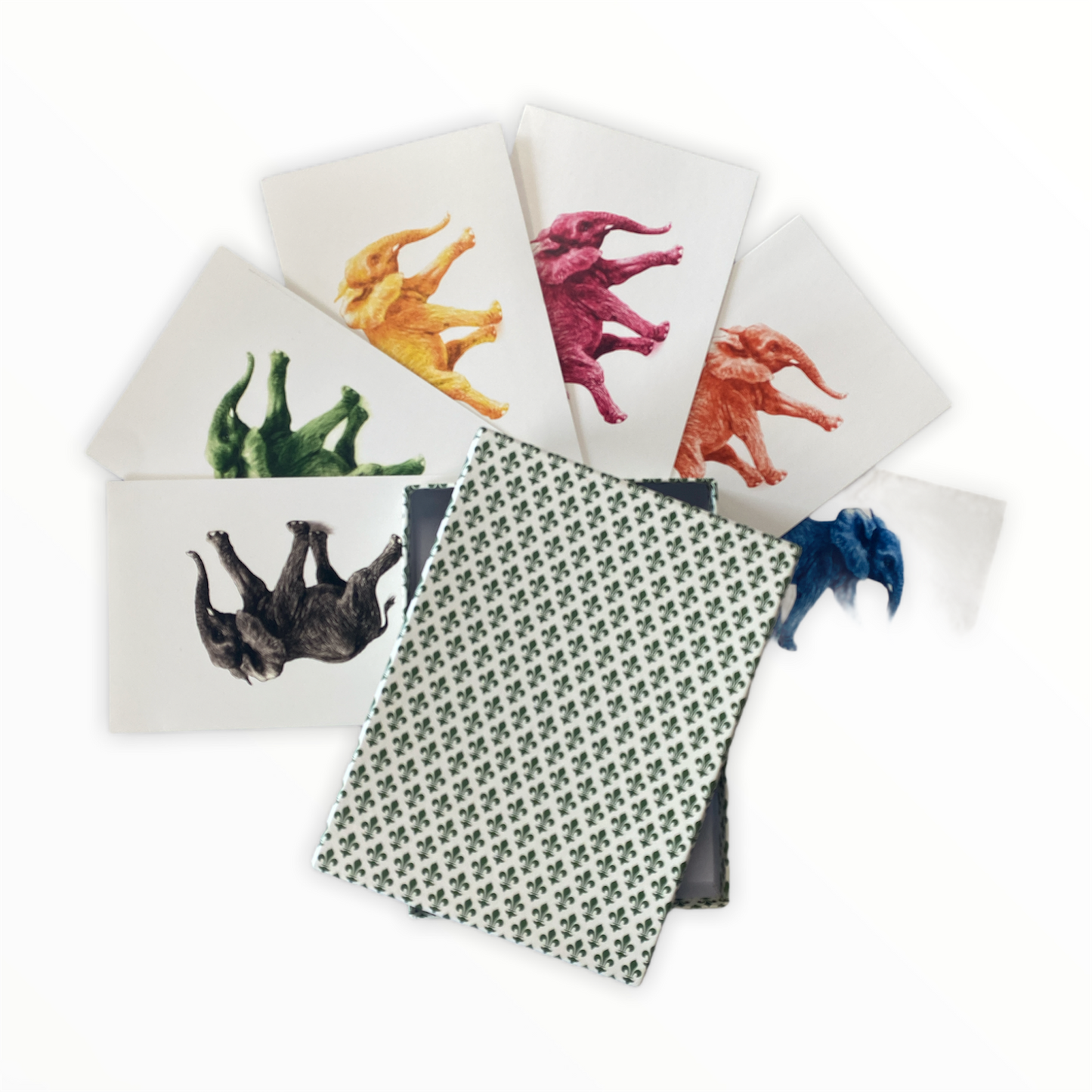Elefanten Kartenset - Handbezogene Papierschachtel // grüne Lilie