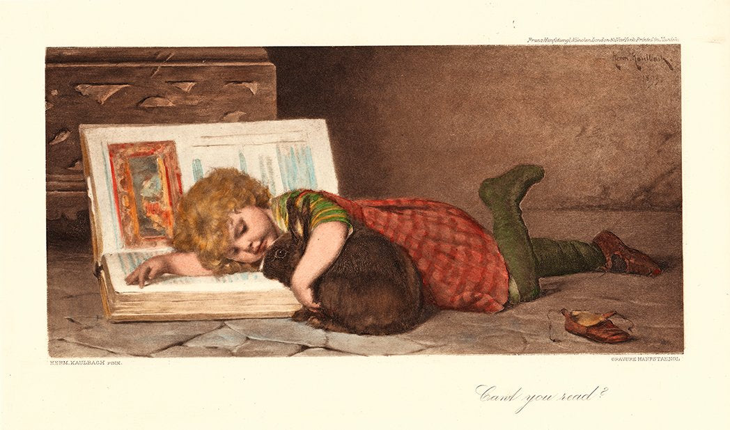 Mädchen mit Hasen liest Buch Kunstdruck Tiefdruck