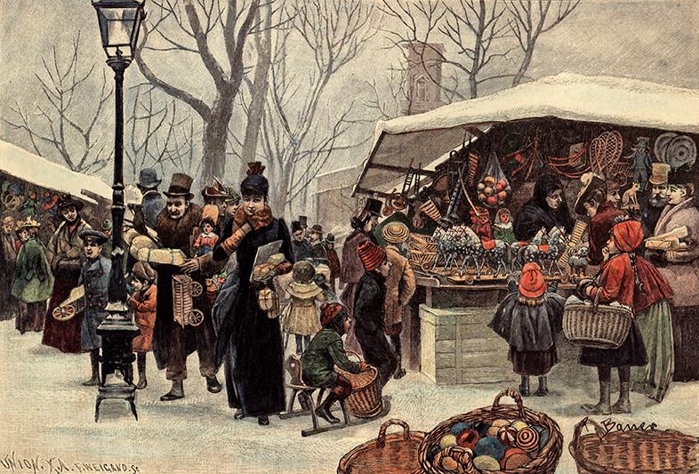 Leute beim Markt im Winter Kunstdruck Tiefdruck