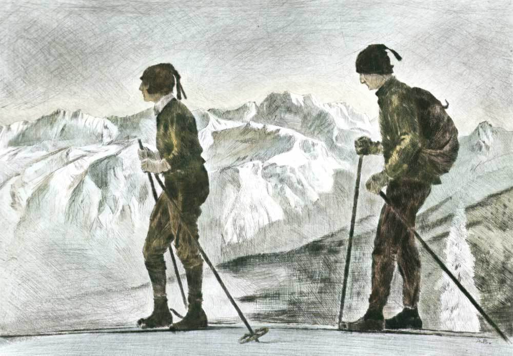 Schifahrer in den Bergen Kunstdruck Tiefdruck