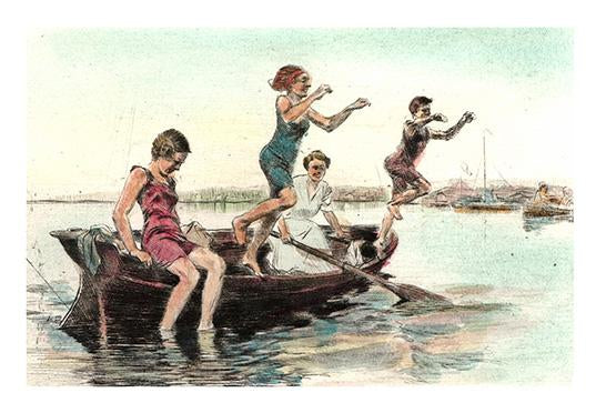 Kinder springen aus dem Boot ins Wasser Kunstdruck Tiefdruck