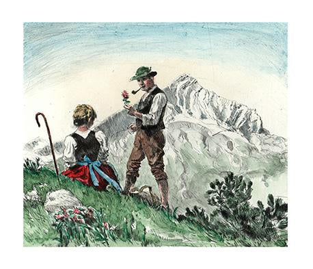 Mann und Frau in Dirndl und Lederhose in den Alpen Kunstdruck Tiefdruck