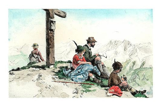 Familie auf dem Gipfel mit Gipfelkreuz Kunstdruck Tiefdruck