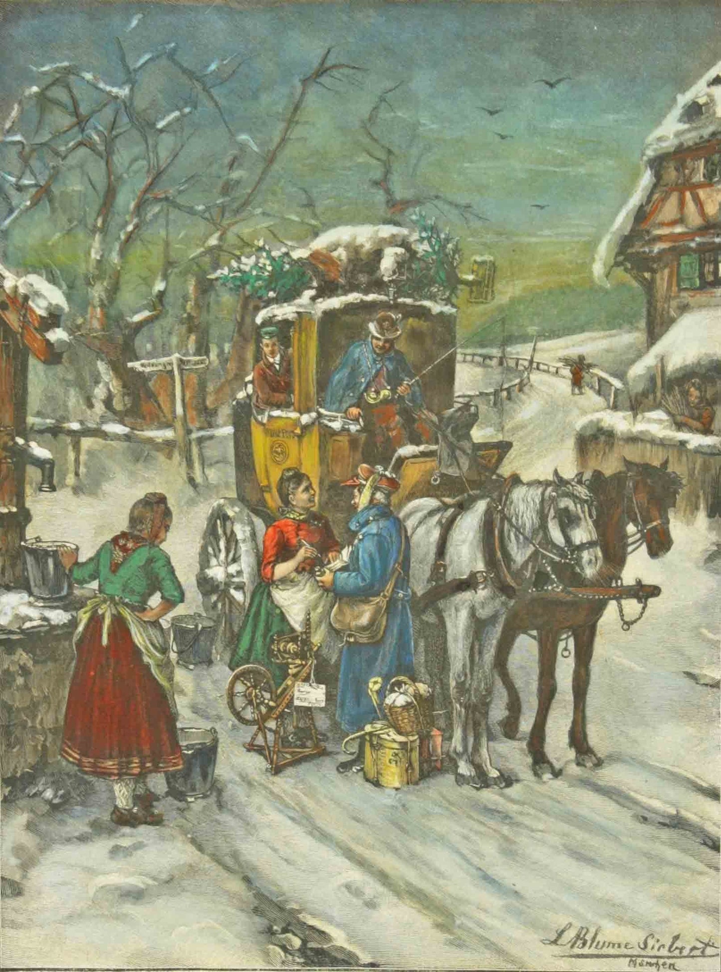 Kutsche mit Leuten im Winter Kunstdruck Tiefdruck