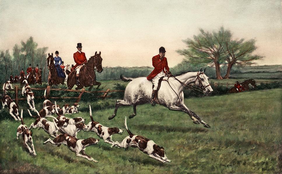 Leute Pferde und Hunde auf der Jagd Kunstdruck Tiefdruck