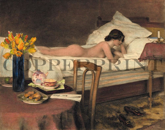 weibliches Aktmodel im Bett liegend Kunstdruck Tiefdruck