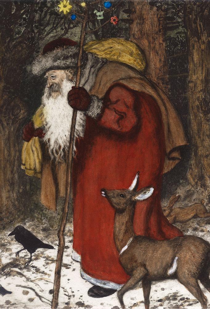 Nikolaus mit Reh im Wald Kunstdruck Tiefdruck