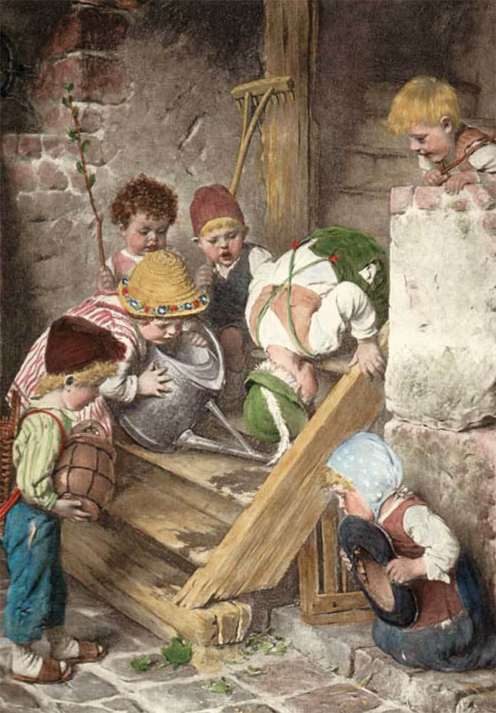 Kinder auf der Holztreppe mit Maus Kunstdruck Tiefdruck