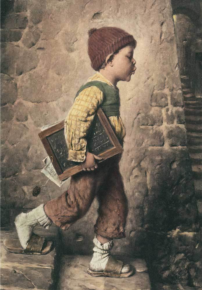 kleiner Junge mit Schulbuch Kunstdruck Tiefdruck