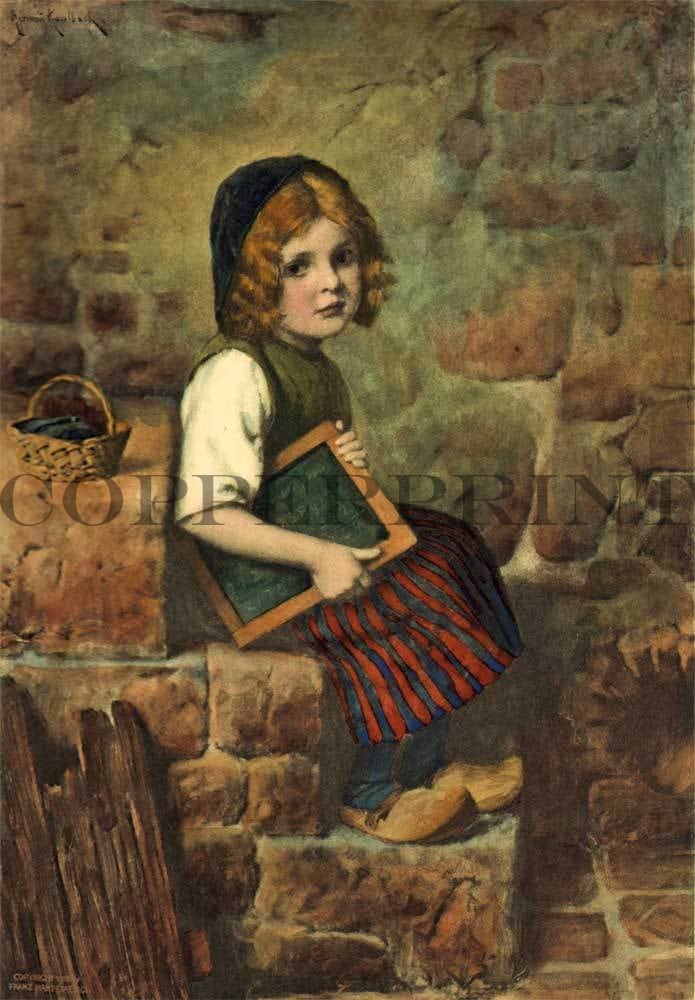 Mädchen auf der Treppe mit Schulbuch Kunstdruck Tiefdruck