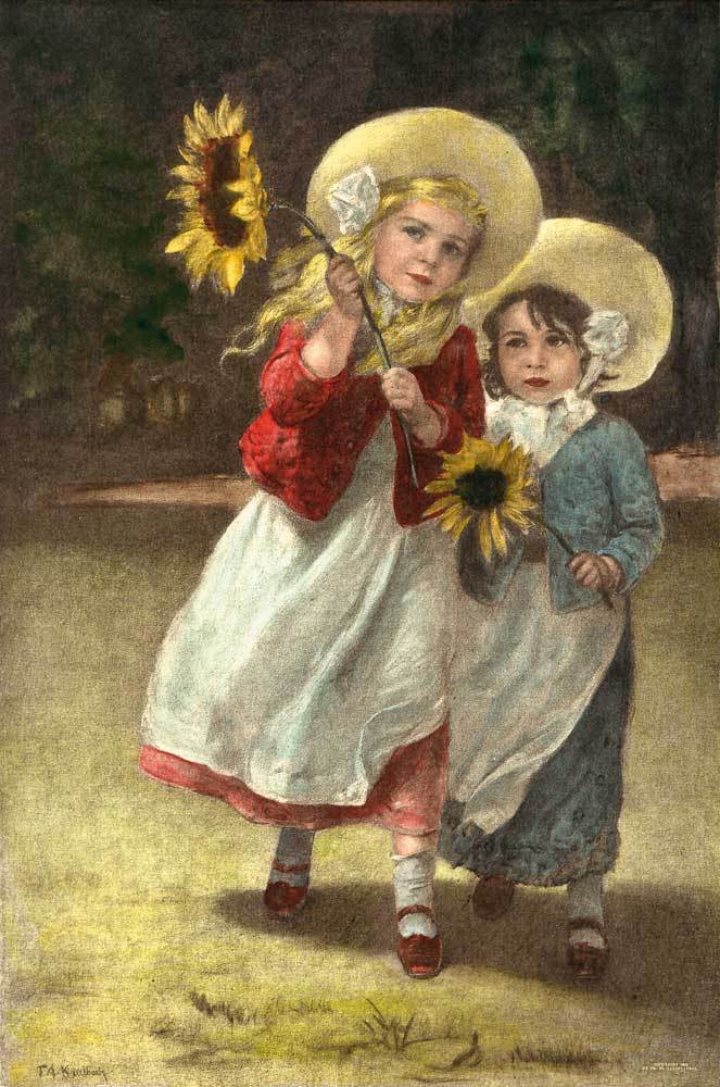 Zwei Mädchen mit Sonnenblumen Kunstdruck Tiefdruck