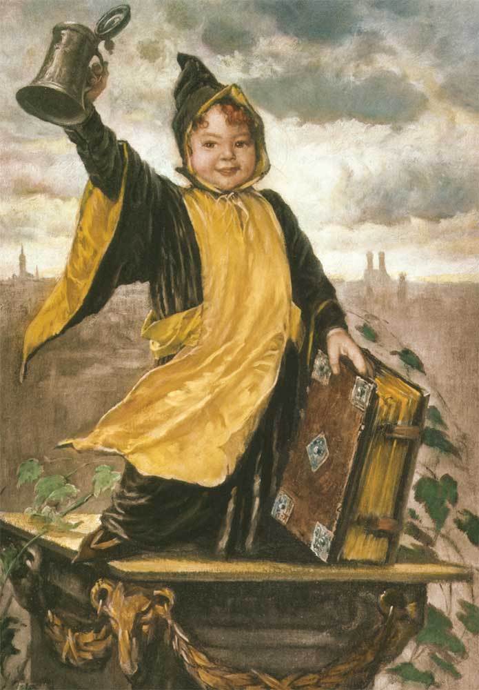 Münchner Kindl mit München im Hintergrund Kunstdruck Tiefdruck