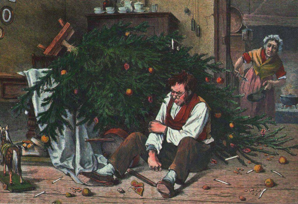 Mann sitzt vor umgefallenen Weihnachtsbaum Kunstdruck Tiefdruck