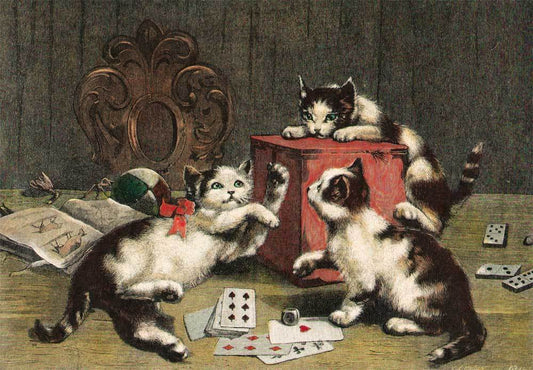 drei Katzen auf Tisch mit Spielkarten Kunstdruck Tiefdruck