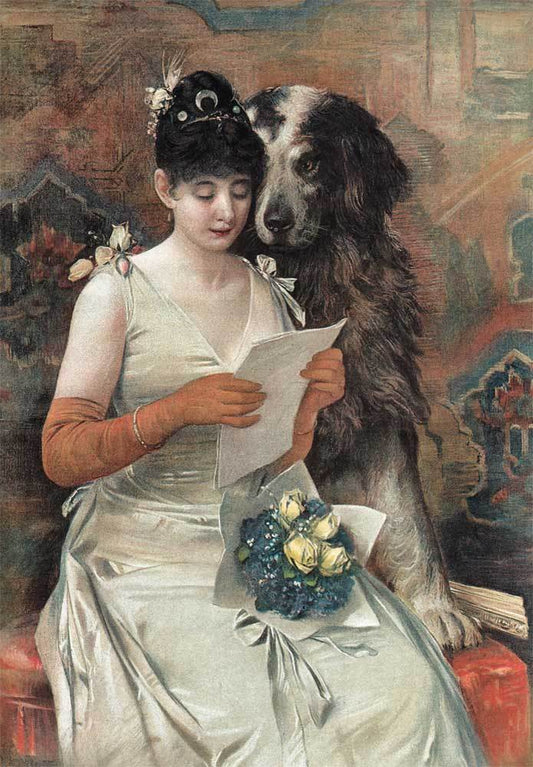 Frau mit Hund sitzt und liest einen Brief Kunstdruck Tiefdruck