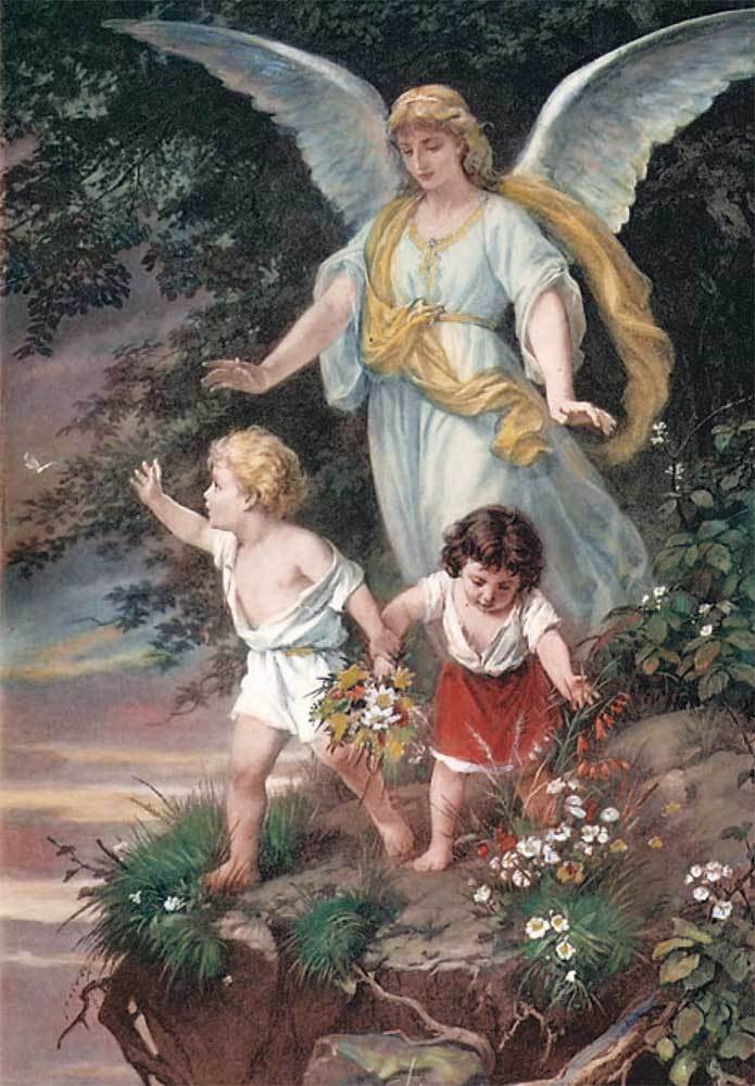 zwei Kinder mit Engel im Wald Kunstdruck Tiefdruck