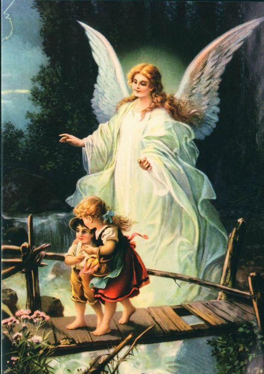 zwei Kinder mit Engel auf Brücke Kunstdruck Tiefdruck