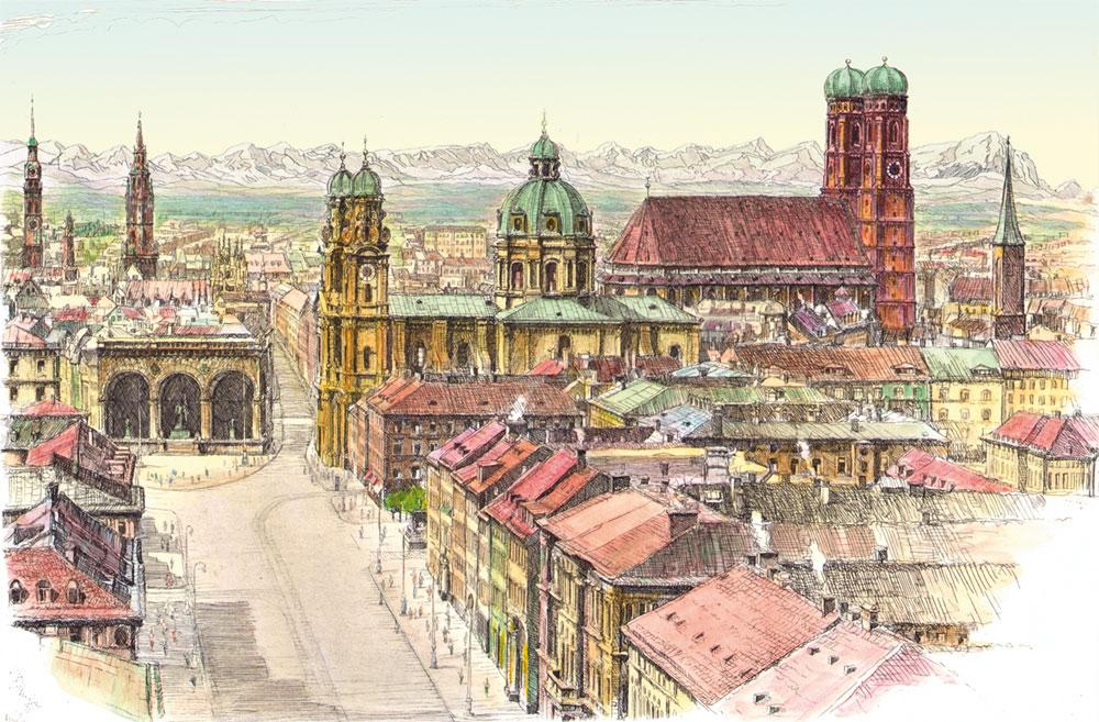 München Stadtansicht mit Blick auf Feldherrnhalle Kunstdruck Tiefdruck