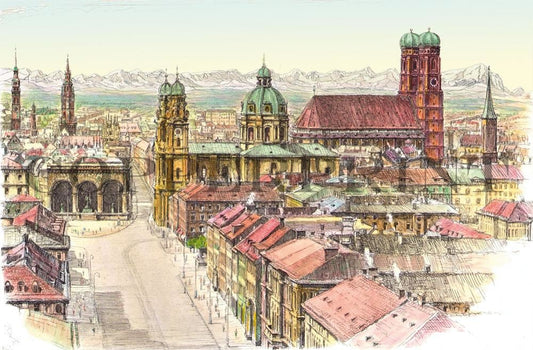 München Stadtansicht mit Blick auf Feldherrnhalle Kunstdruck Tiefdruck