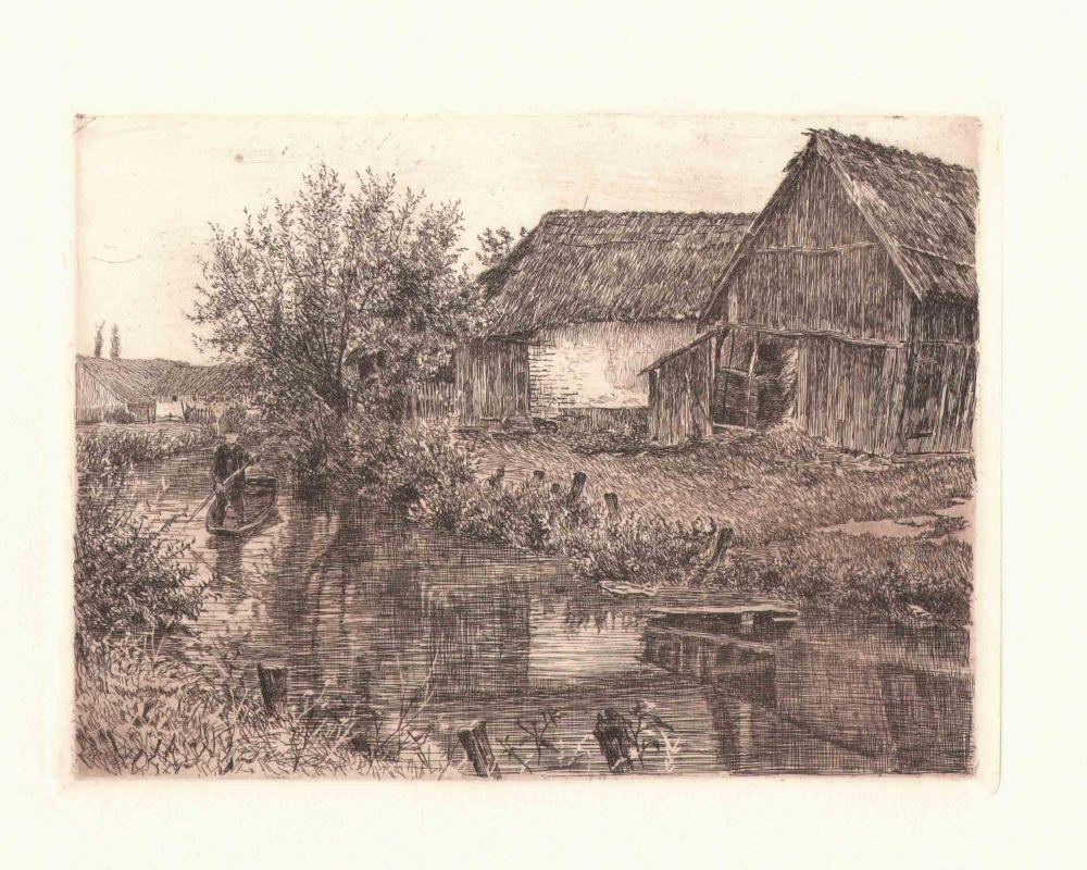 Zeichnung von einem Fluss mit altem Haus Kunstdruck Tiefdruck
