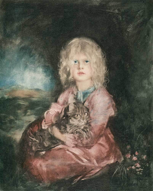 Portrait von Mädchen mit Katze Kunstdruck Tiefdruck