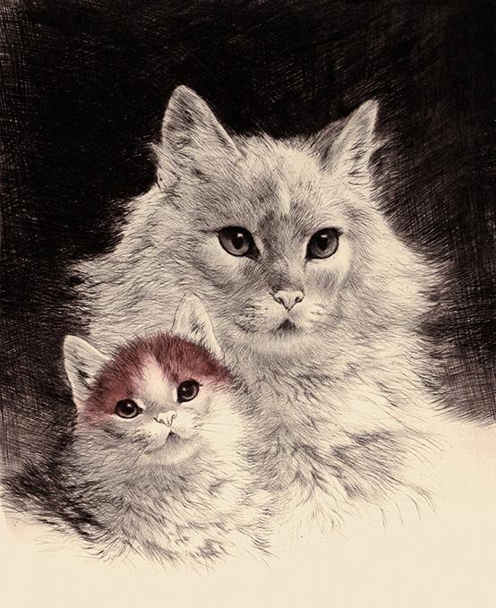 Katzenmutter mit ihrem Kind Kunstdruck Tiefdruck