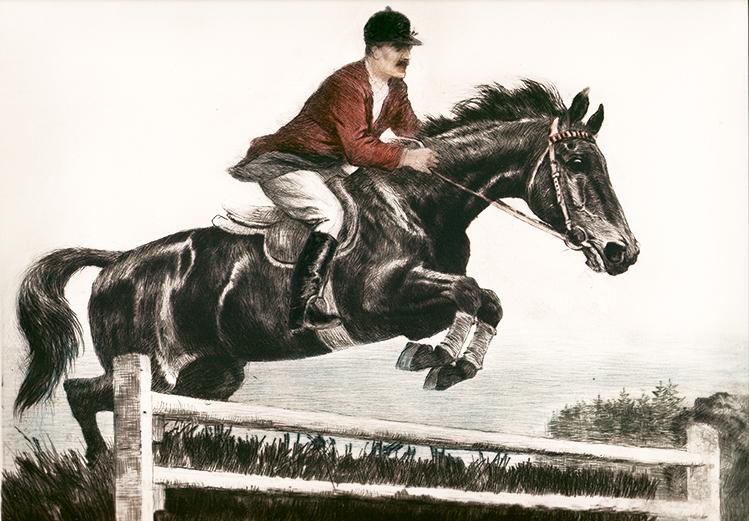 Mann auf Pferd beim Springreiten Kunstdruck Tiefdruck