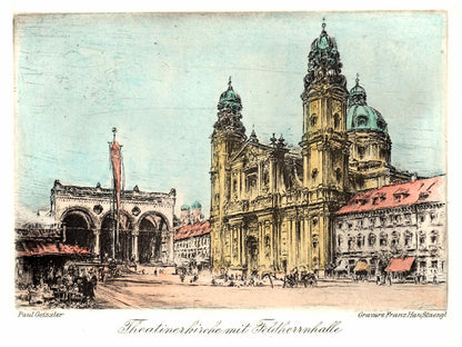 Stadtansicht München Theatinerkirche Kunstdruck Tiefdruck