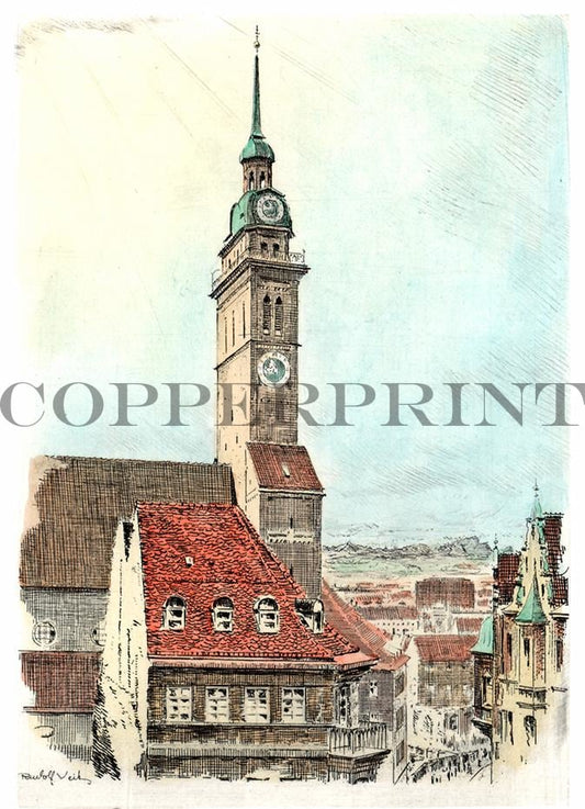 Stadtansicht München alter Peter Kunstdruck Tiefdruck