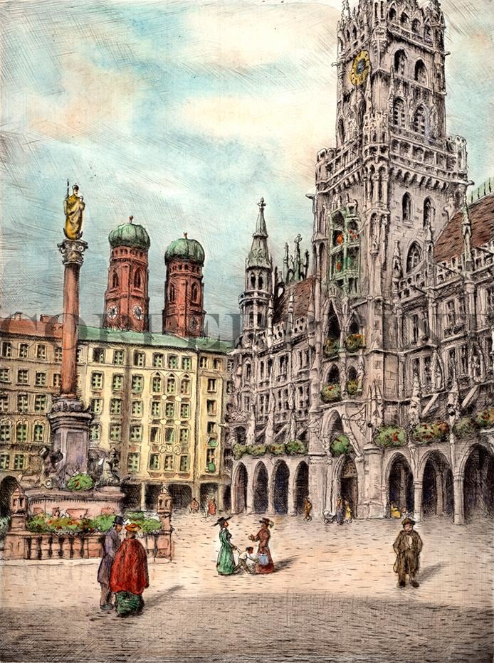 Stadtansicht vom Marienplatz Kunstdruck Tiefdruck