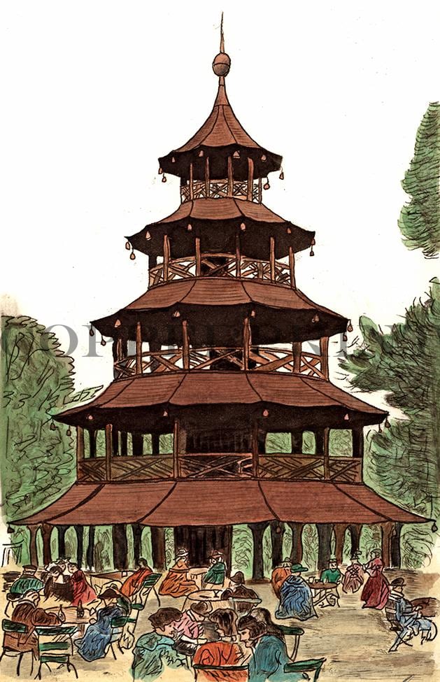 Ansicht Chinesischer Turm München Kunstdruck Tiefdruck