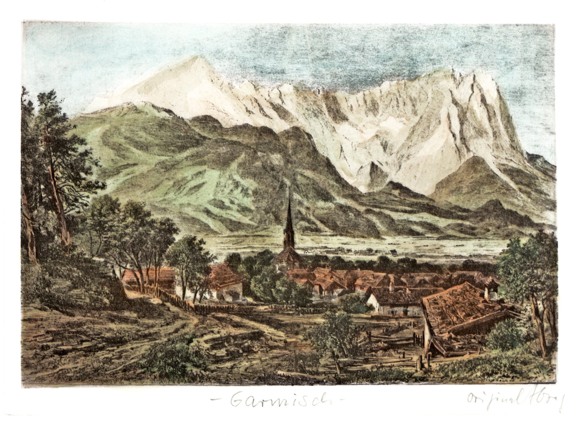 Stadtansicht von Garmisch Kunstdruck Tiefdruck