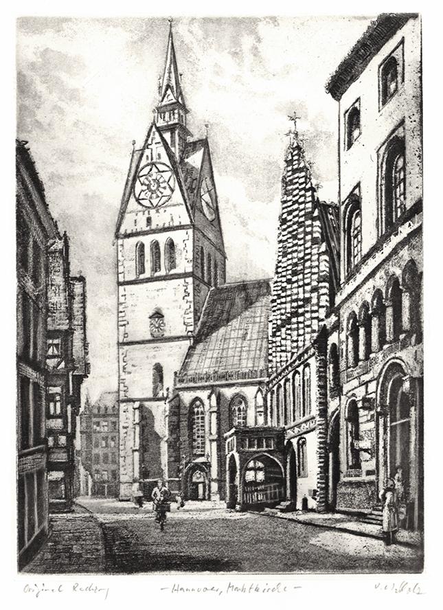 Stadtansicht von Hannover Marktkirche Kunstdruck Tiefdruck