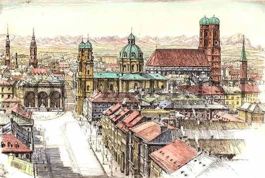 Stadtansicht München mit Alpen Kunstdruck Tiefdruck