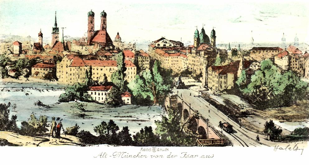 altes München von der Isaar aus Kunstdruck Tiefdruck