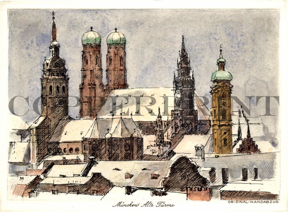 Stadtansicht Münchner Türme Winter Kunstdruck Tiefdruck