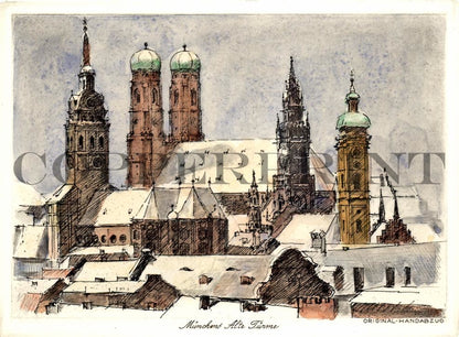 Stadtansicht Münchner Türme Winter Kunstdruck Tiefdruck
