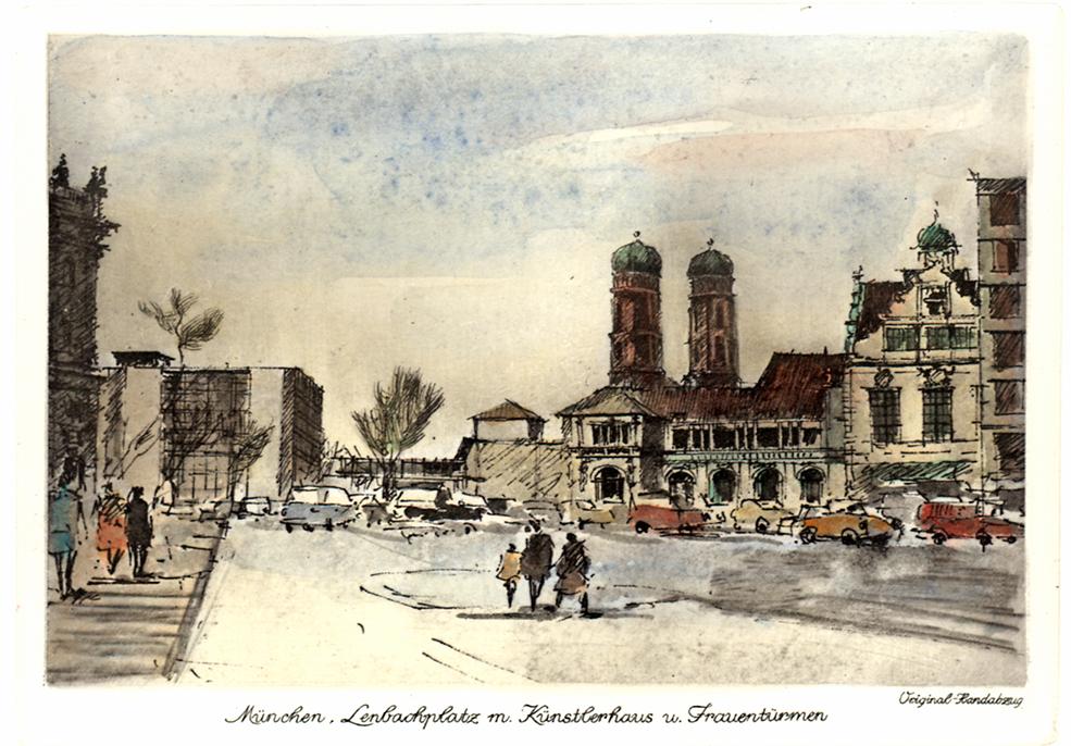 Stadtansicht von Münchner Lenbachplatz Kunstdruck Tiefdruck