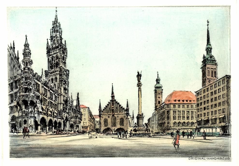 Stadtansicht München Marienplatz Kunstdruck Tiefdruck