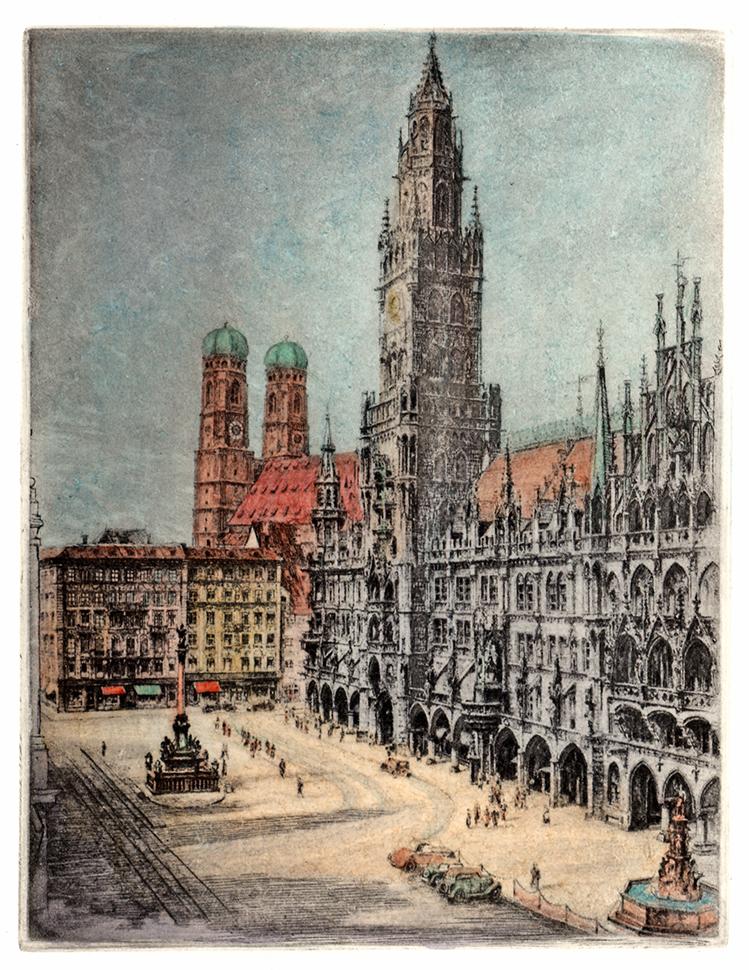 Stadtansicht München Marienplatz Kunstdruck Tiefdruck