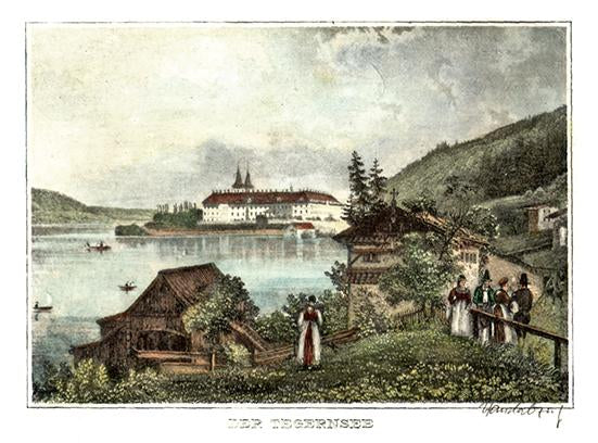 Ansicht vom Tegernsee mit Schloss und Leuten Kunstdruck Tiefdruck