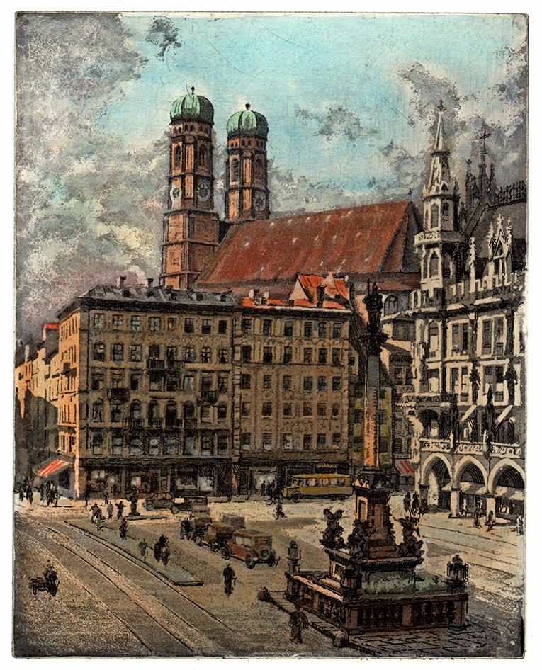 Stadtansicht von München Marienplatz Kunstdruck Tiefdruck