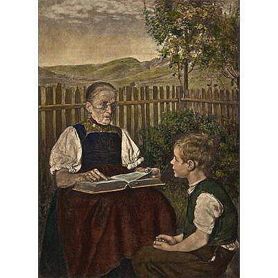 Alte Frau liest Jungen im Garten vor Kunstdruck Tiefdruck