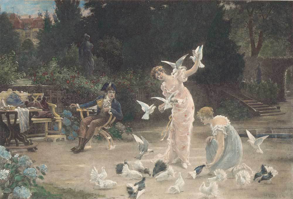 Frau und viele Vögel im Park Kunstdruck Tiefdruck