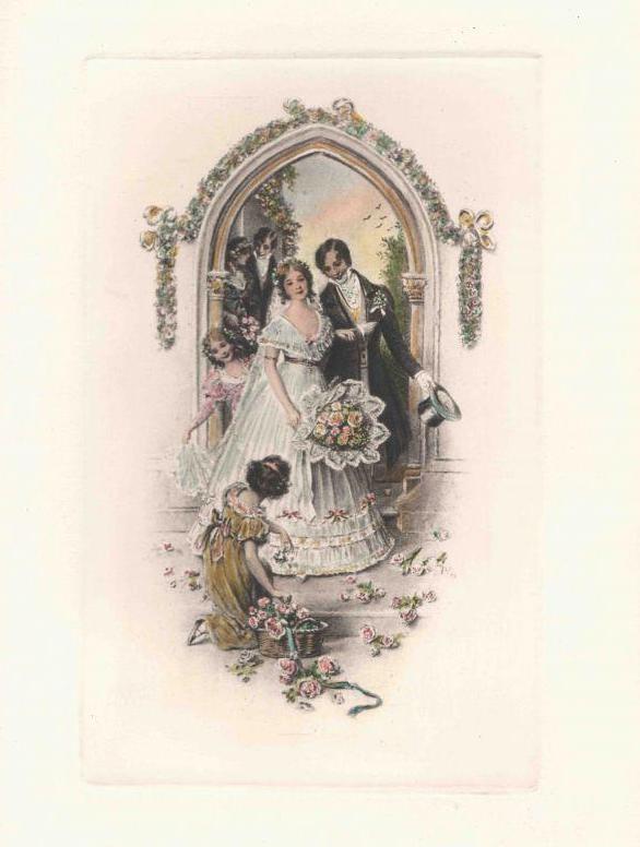 Hochzeitspaar mit Blumenkind Kunstdruck Tiefdruck