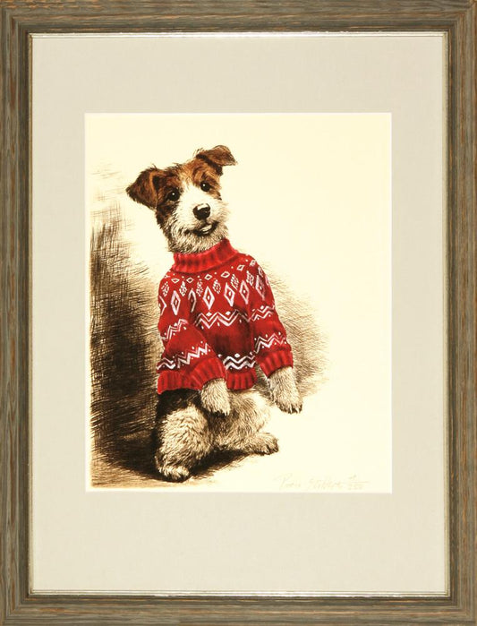 Hund mit rotem Pullover Kunstdruck Tiefdruck